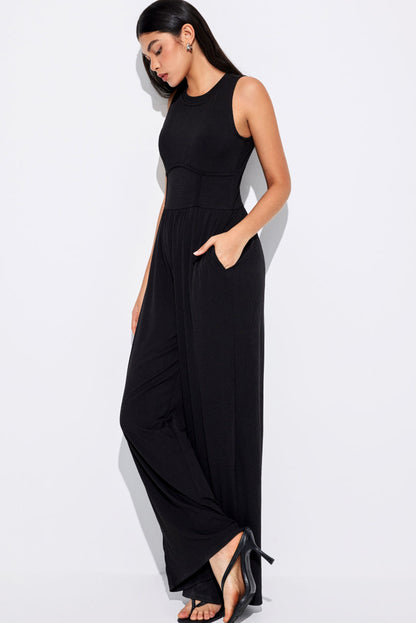 Chic black sleeveless jumpsuit with cinched waist and wide legs