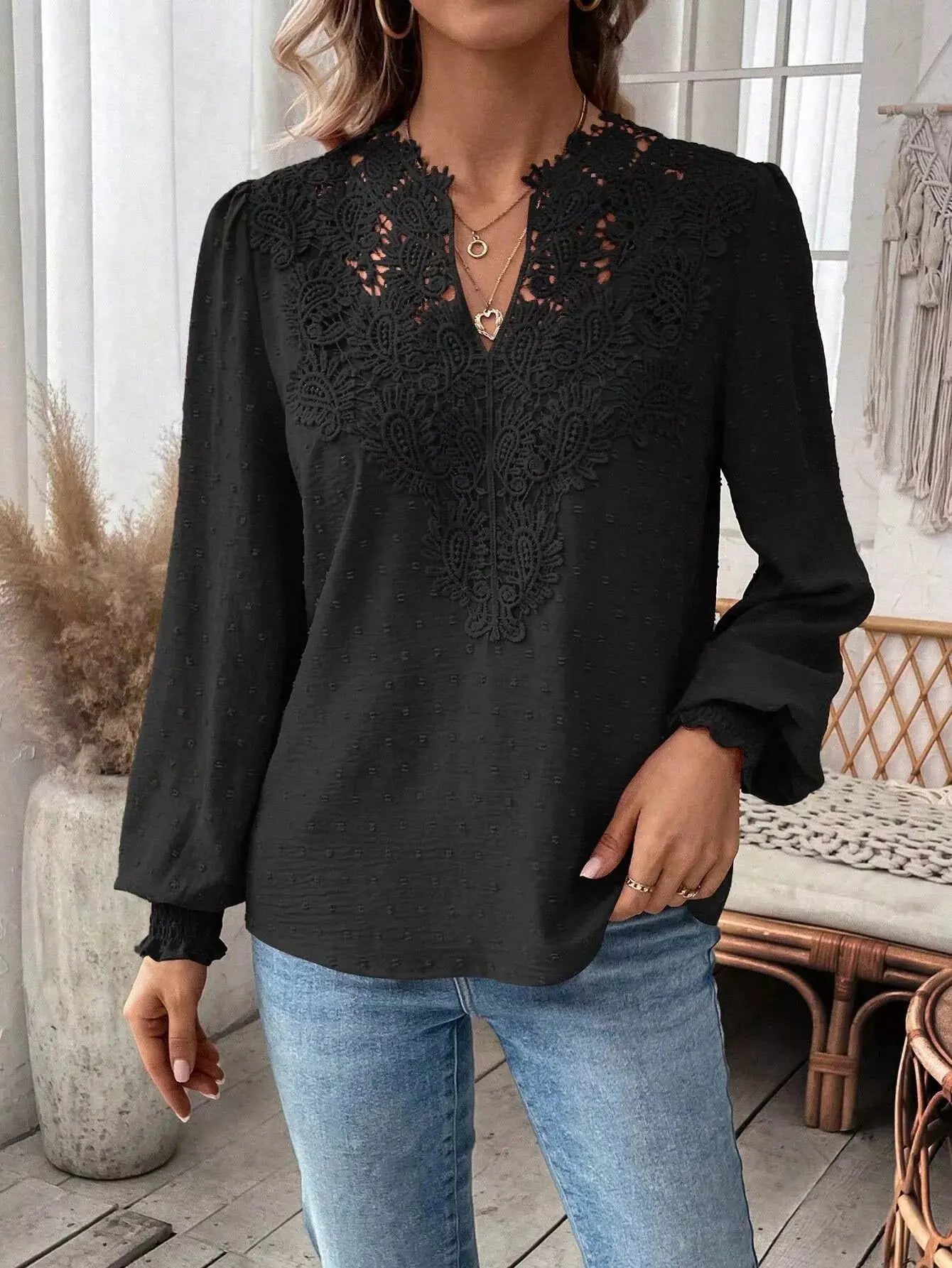 Lace Trim Long Sleeve Blouse Simply Love