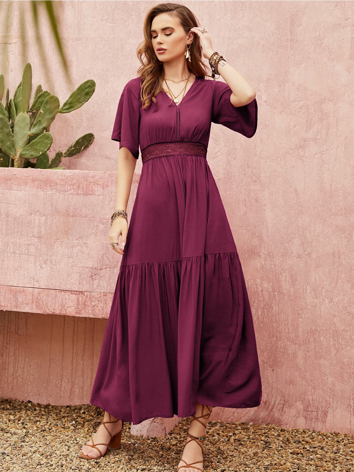 Openwork V-Neck Flare Sleeve Ruched Dress.