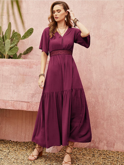 Openwork V-Neck Flare Sleeve Ruched Dress.