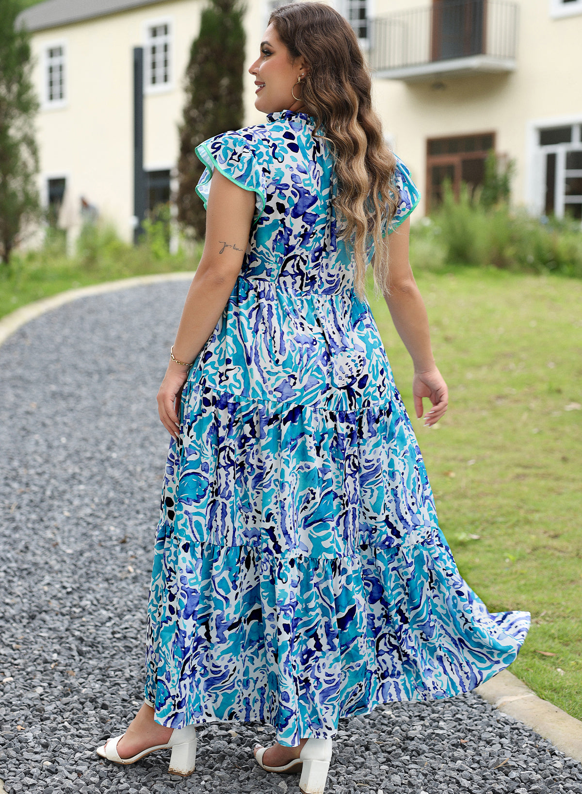 Sky Blue Plus Abstract Print Split Neck Ruffled Sleeve Tiered Long Dress