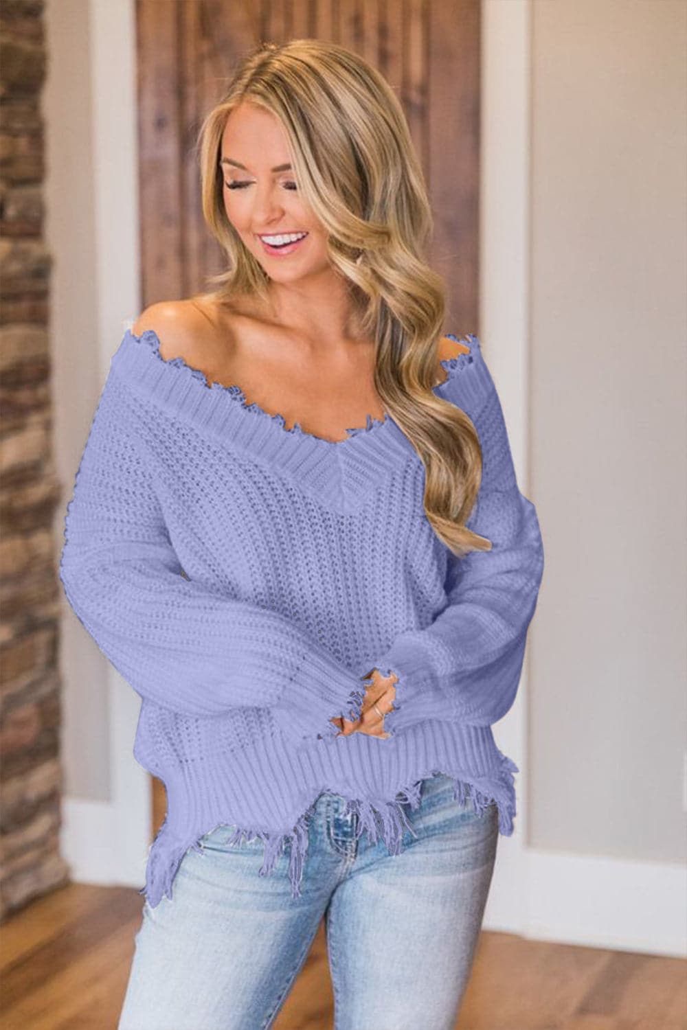 Frayed Hem Dropped Shoulder Sweater.