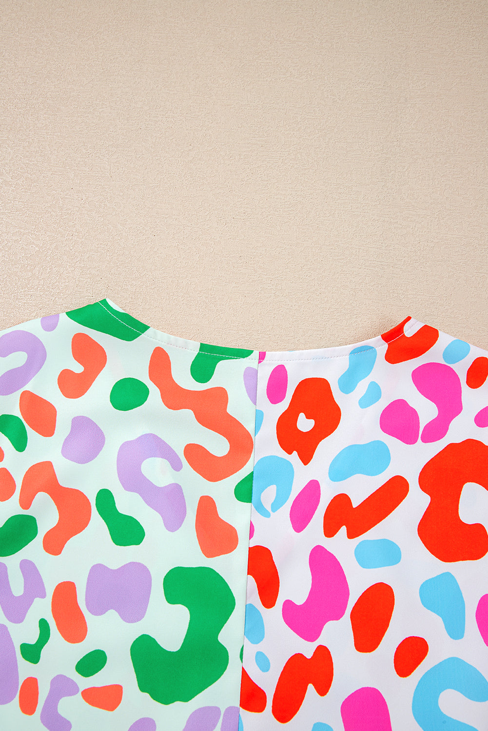 Green Leopard Print Patchwork V Neck Short Sleeve Blouse Divine Design4U