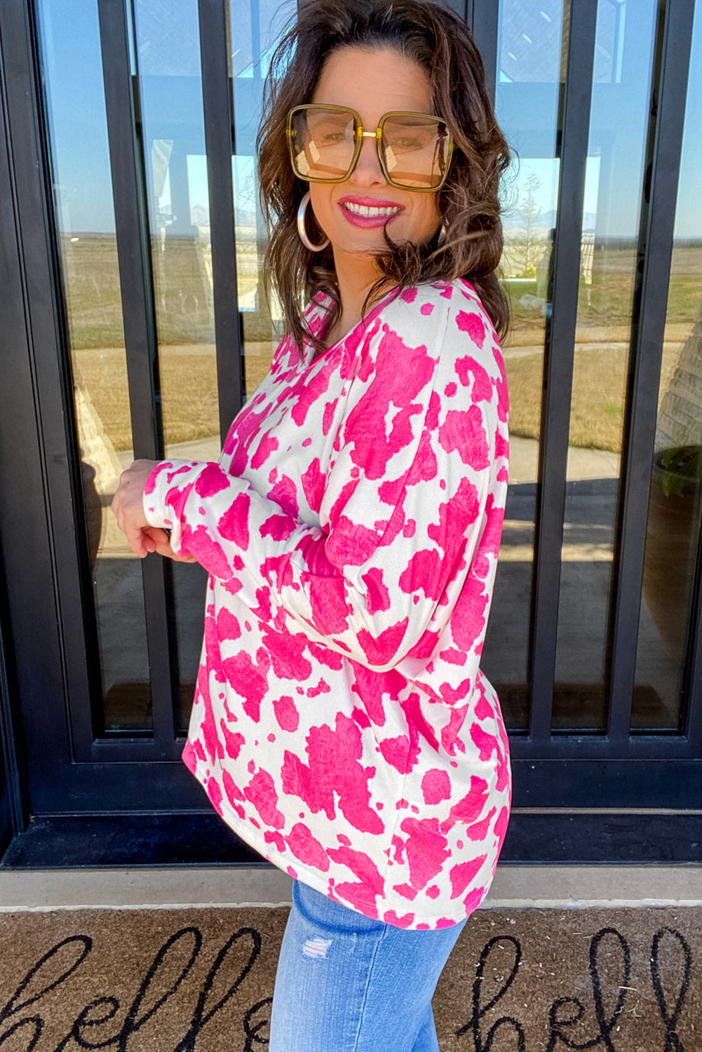 Rose leopard print plus size long sleeve top with V-neck