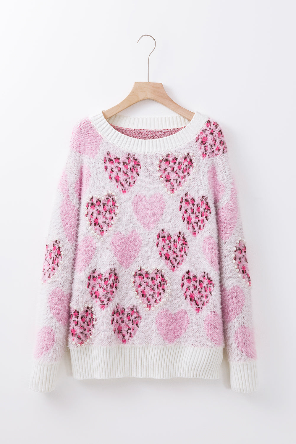 Fuzzy Pink Leopard Heart Sweater with Pearled Accents