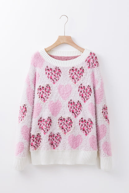 Fuzzy Pink Leopard Heart Sweater with Pearled Accents