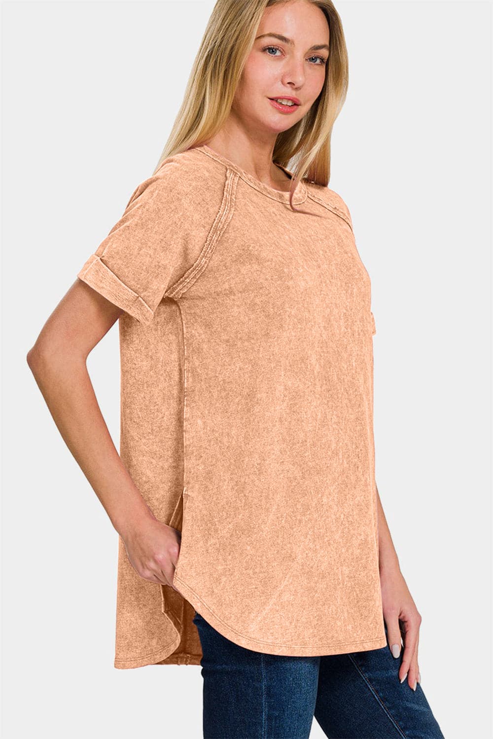 Zenana Heathered Round Neck Short Sleeve Top.