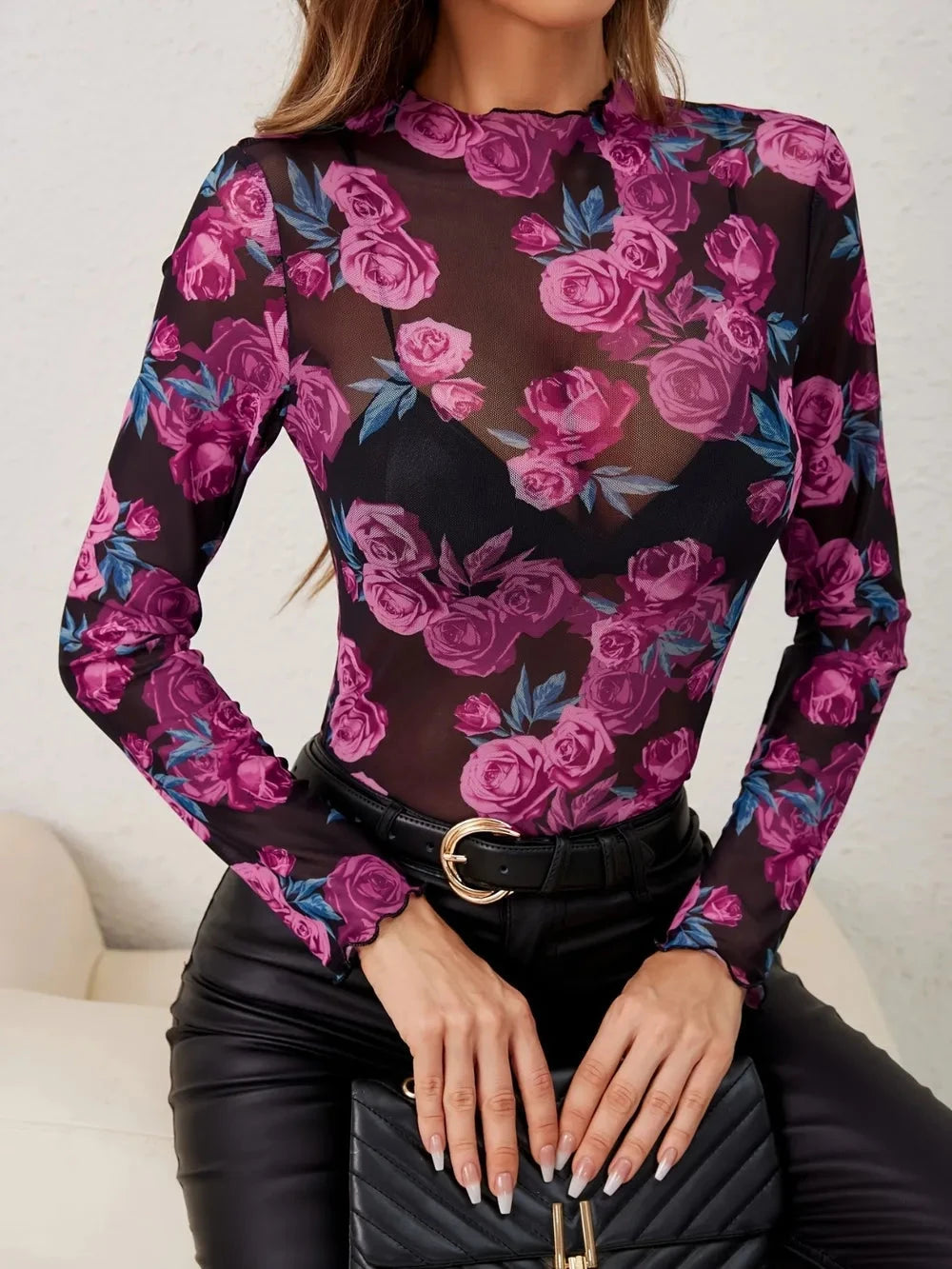 Floral Mock Neck Long Sleeve Top Coco’s Tee Boutique