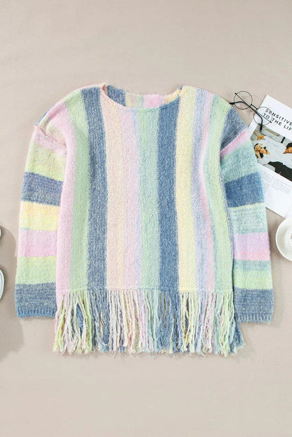 Fringe Color Block Round Neck Sweater.