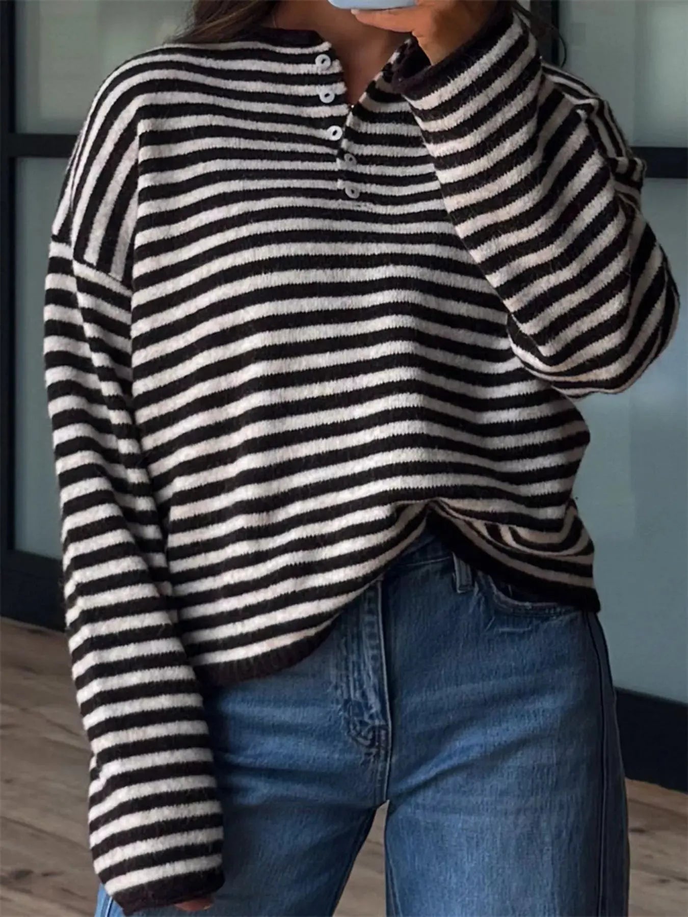 Button Detail Dropped Shoulder Striped Sweater Simply Love