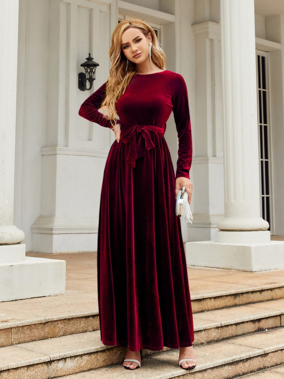 Tie Front Round Neck Long Sleeve Maxi Dress.