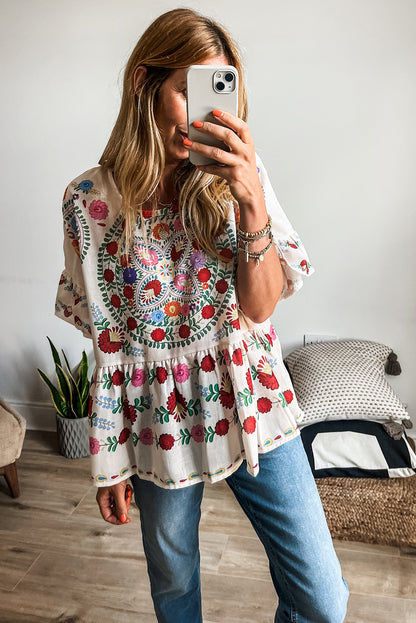 White Boho Floral Print Round Neck Ruffle Trim Blouse