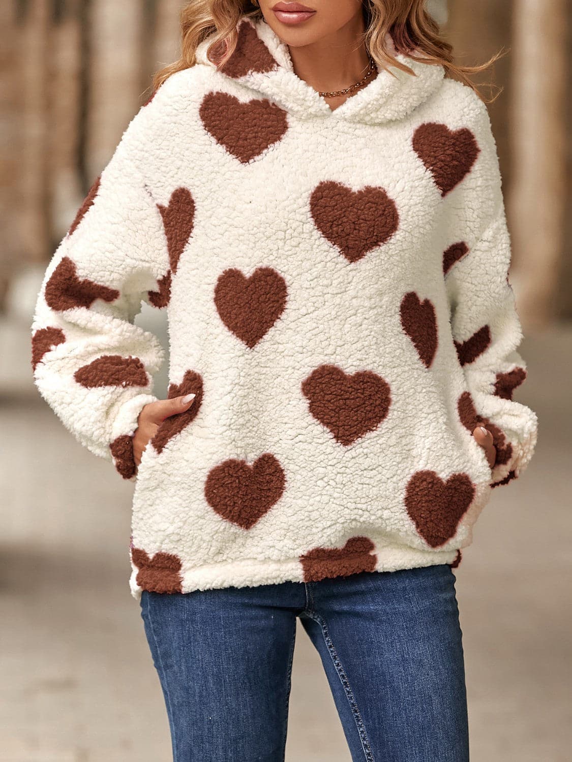 Fuzzy Heart Pocketed Dropped Shoulder Hoodie.