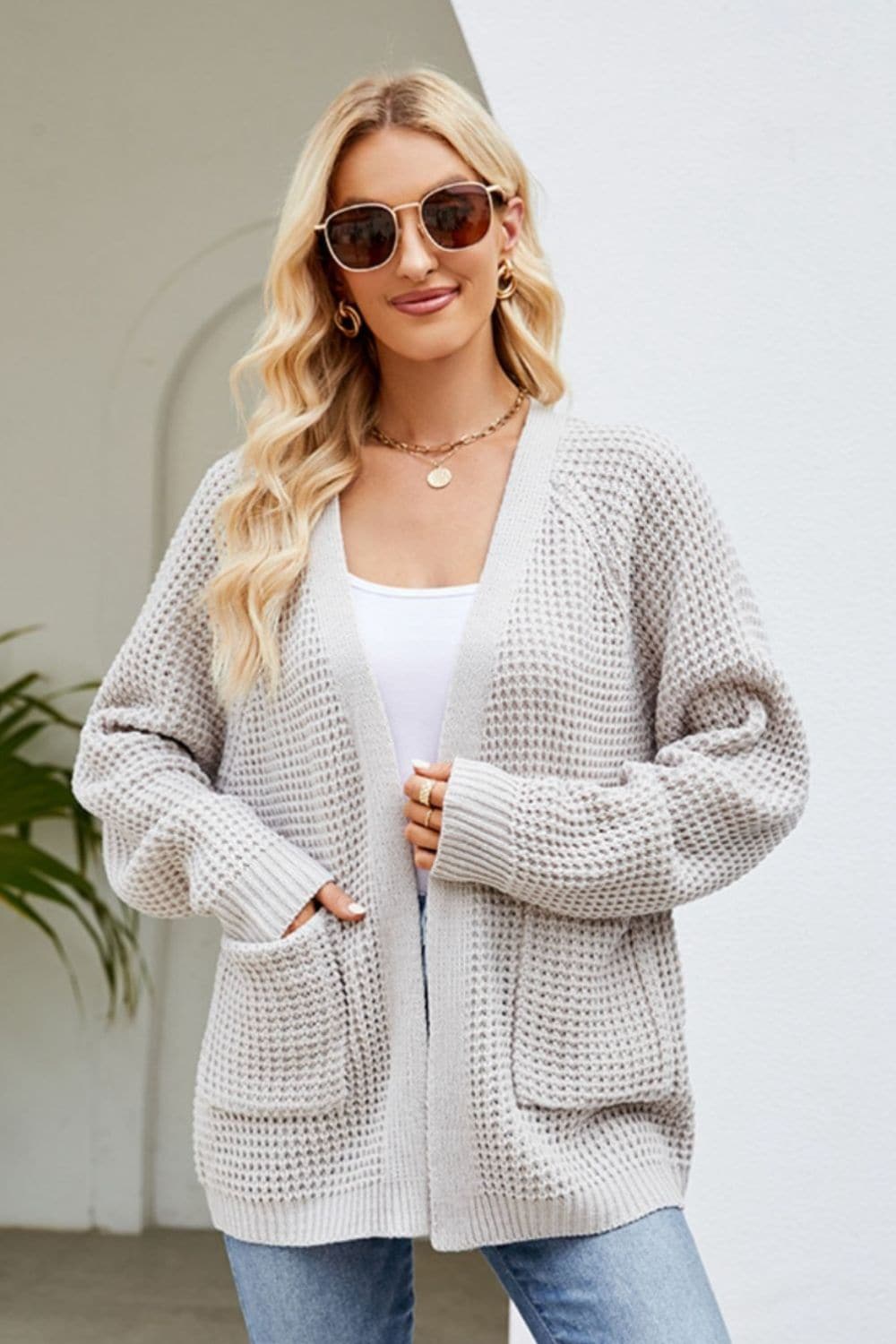 Open Front Raglan Sleeve Pocketed Cardigan.