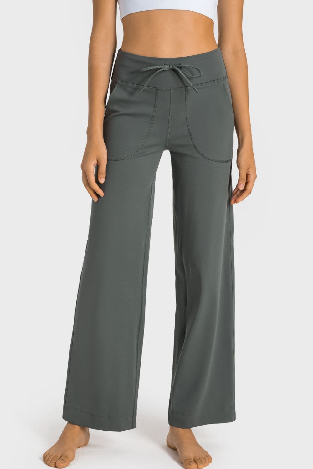 Drawstring Waist Wide Leg Sports Pants with Pockets.