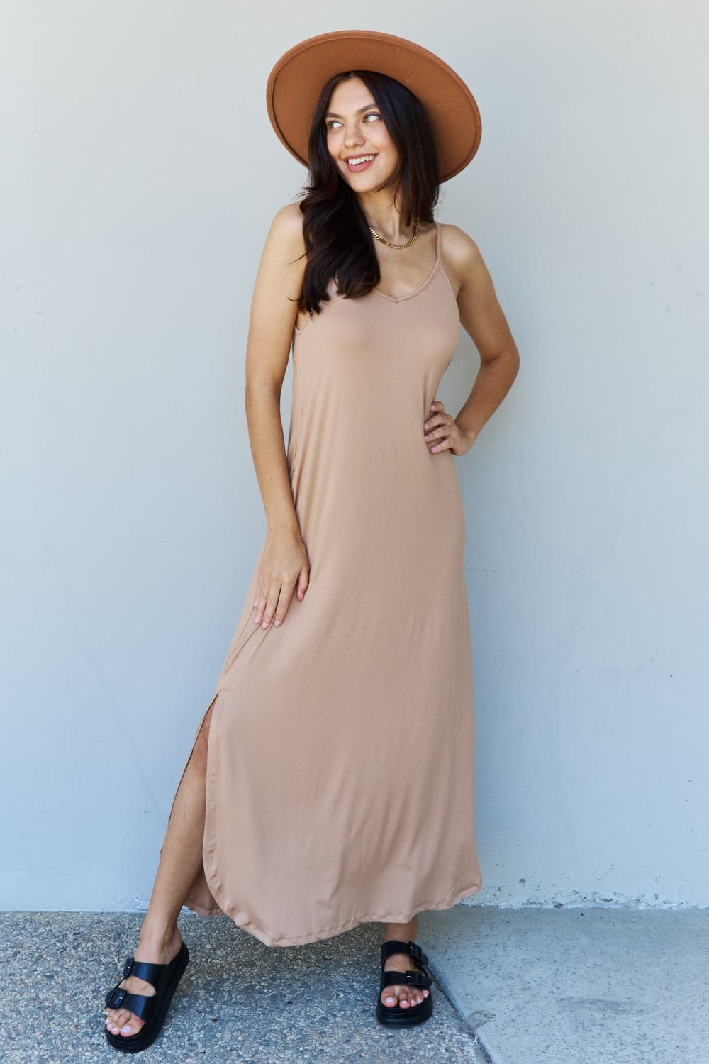 Ninexis Good Energy Full Size Cami Side Slit Maxi Dress in Camel.