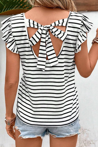 Tied Striped V-Neck Cap Sleeve T-Shirt.