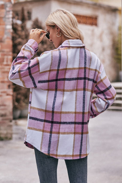 Plaid Long Sleeve Shirt Jacket with Pockets.