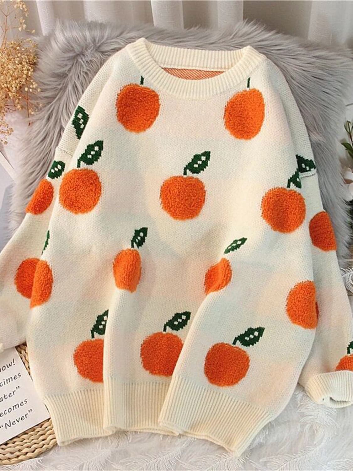 Printed Round Neck Drop Shoulder Sweater.