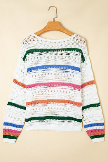 Premium White Color Block Striped Pointelle Knit Sweater