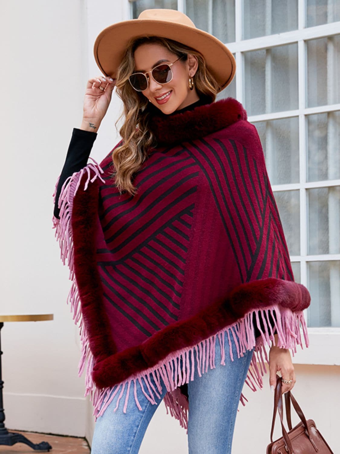 Striped Fringe Hem Poncho.