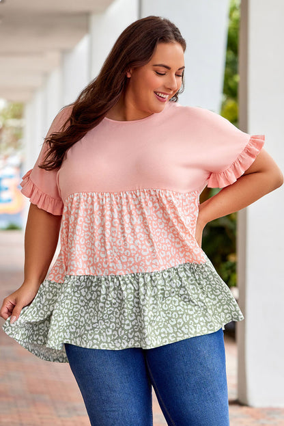 Chic pink ruffled leopard splicing flowy plus size top