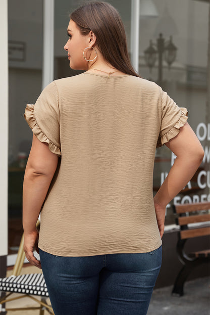 Chic ruffled short sleeve top in light beige for plus sizes