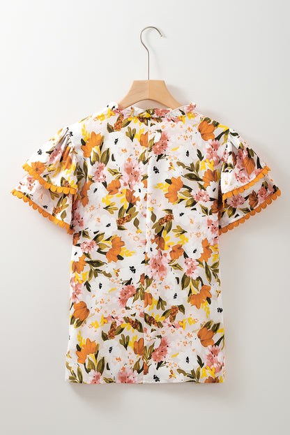 Russet Orange Ruffled V Neck Scalloped Floral Blouse