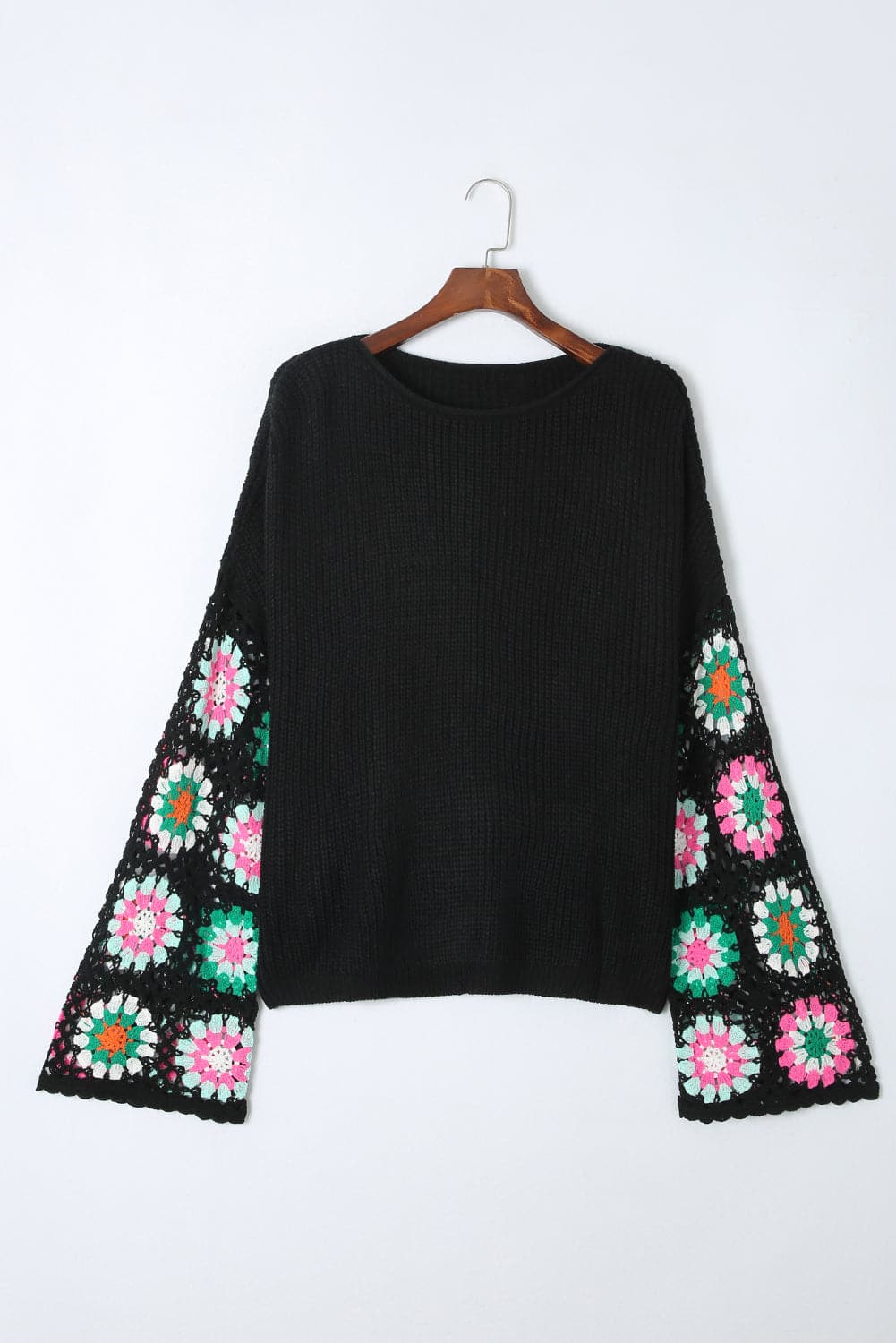 Crochet Round Neck Long Sleeve Knit Top.