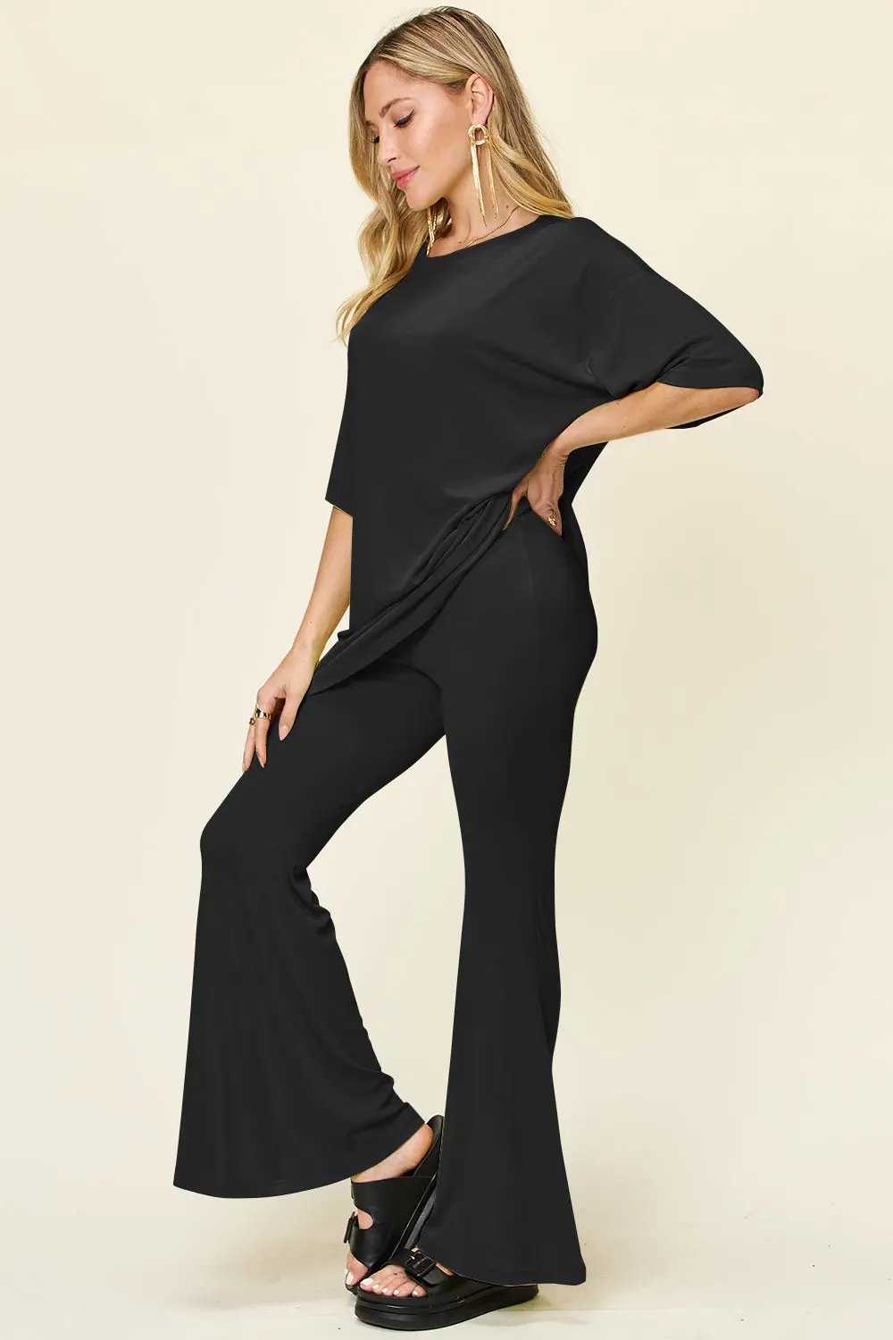 Double Take Full Size Round Neck Drop Shoulder T-Shirt and Flare Pants Set - Love Salve