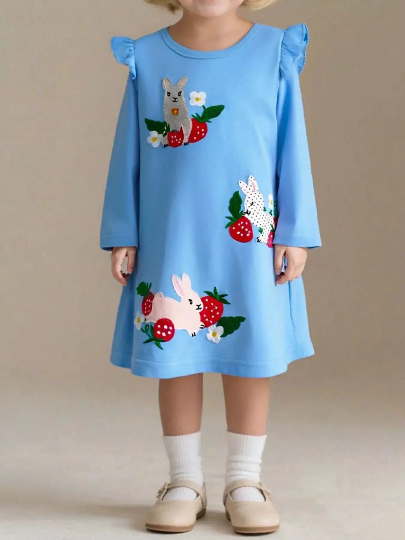 Children's Cute Rabbit & Strawberry Long Sleeve Dress Simply Love