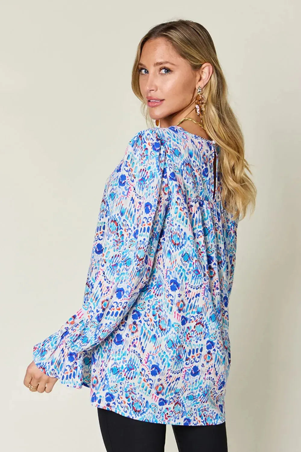 Double Take Full Size Printed Flounce Sleeve Blouse - Love Salve