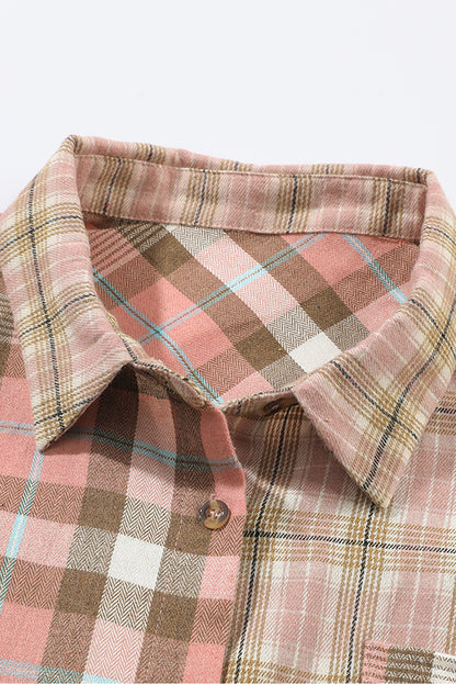 Chic pink plus size plaid long sleeve shirt with pocket detail