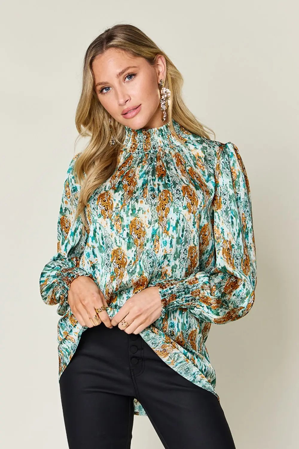 Double Take Full Size Printed Smocked Long Sleeve Blouse - Love Salve