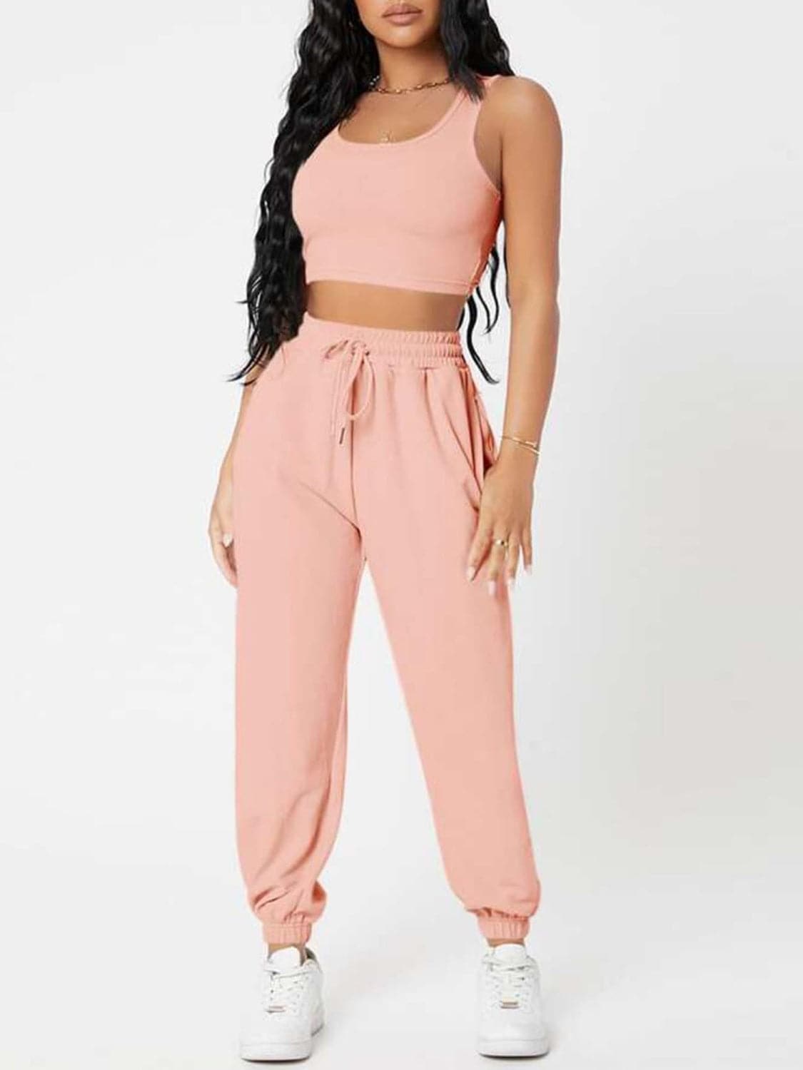 Wide Strap Top and Drawstring Joggers Set.