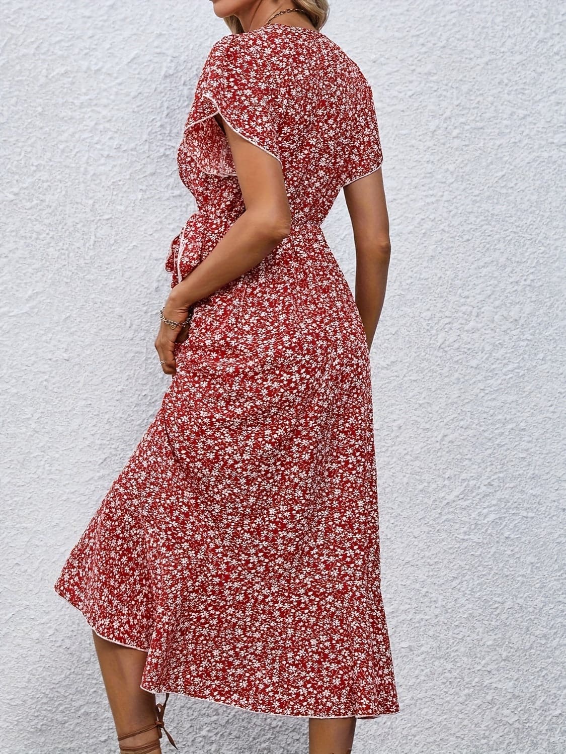 Printed Surplice Flutter Sleeve Midi Dress.