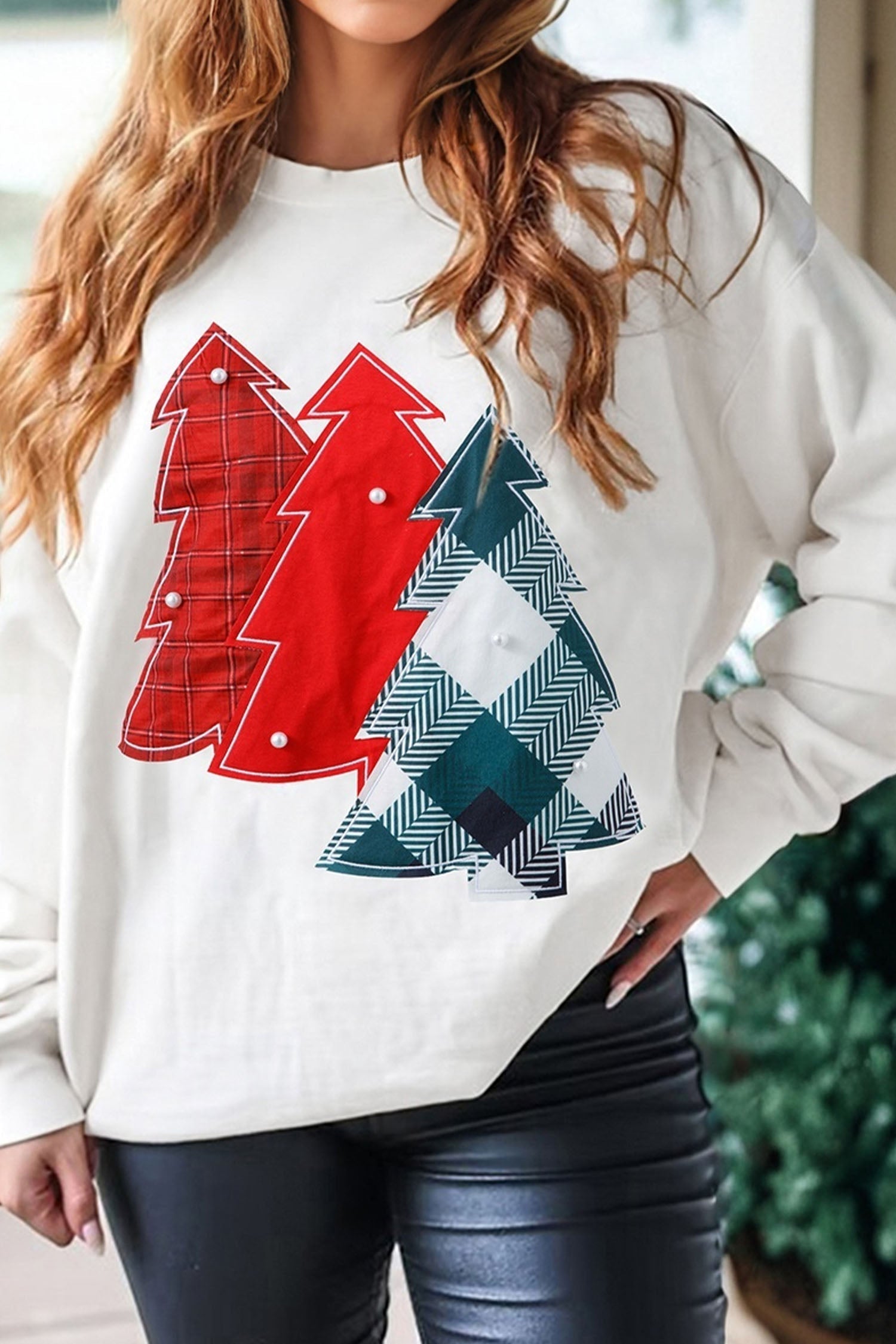 White Pearl Plaid Christmas Tree Patched Drop Shoulder Sweatshirt Dear-Lover Dropshipping