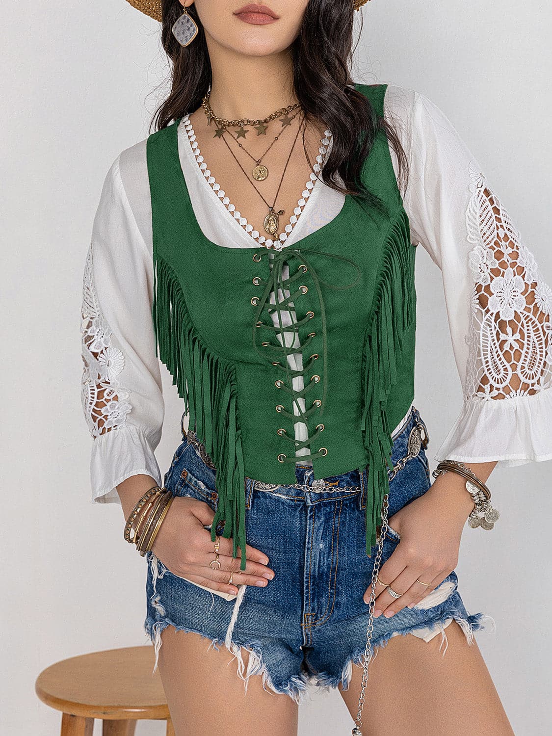 Fringe Lace-Up Wide Strap Tank.