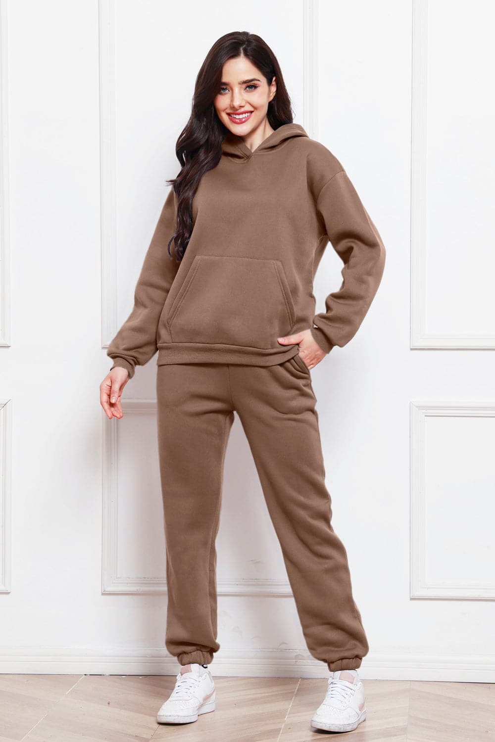 Drop Shoulder Long Sleeve Hoodie and Pants Set.