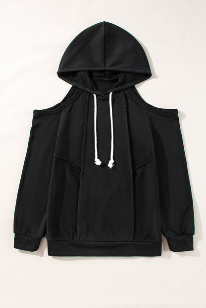 Chic cold shoulder drawstring hoodie with exposed seam details