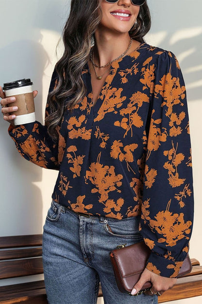 Printed Notched Long Sleeve Blouse.