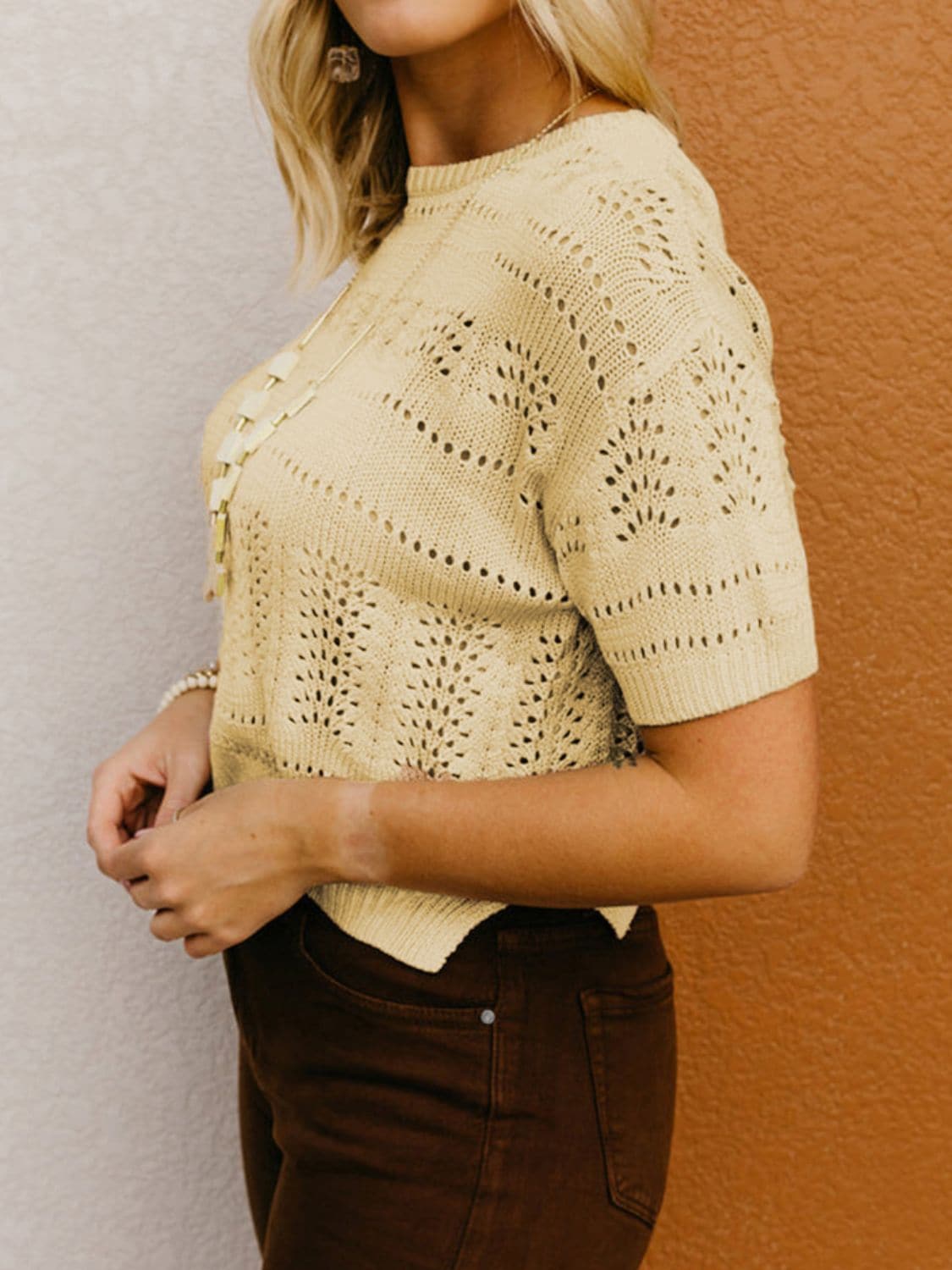 Openwork Round Neck Short Sleeve Sweater.