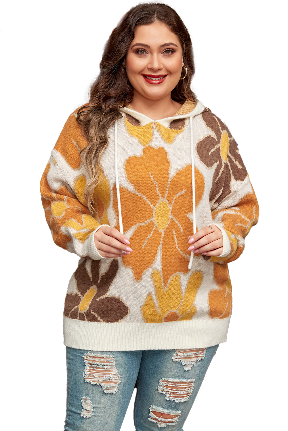 Cozy floral hooded plus size sweater with drawstring detail