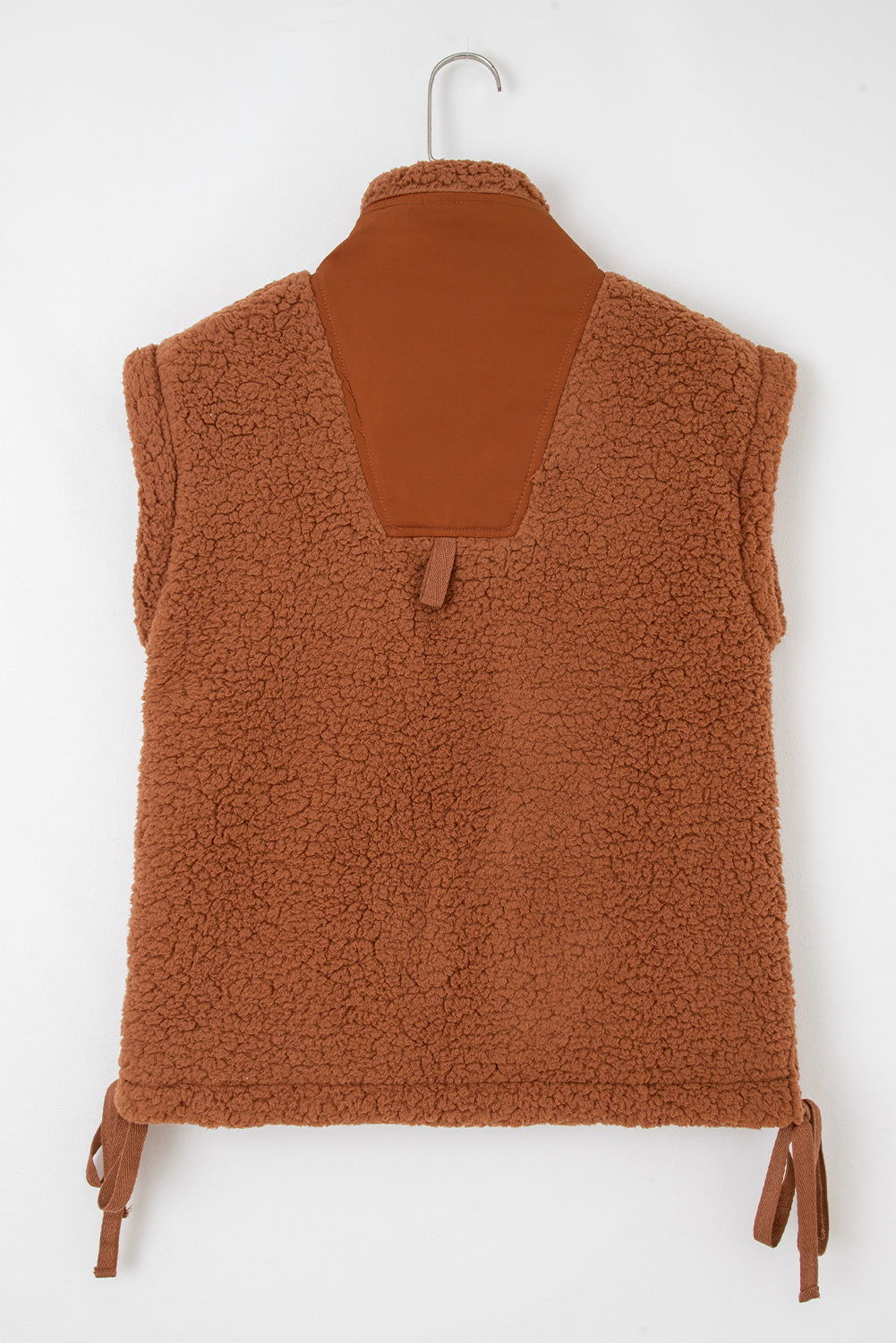 Premium Cinnamon Faux Fur Vest Snap Button Front Knot Side Pockets