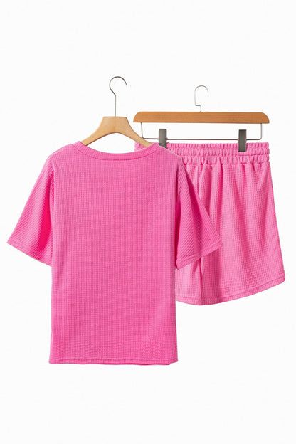 Waffle-Knit Round Neck Top and Shorts Set.