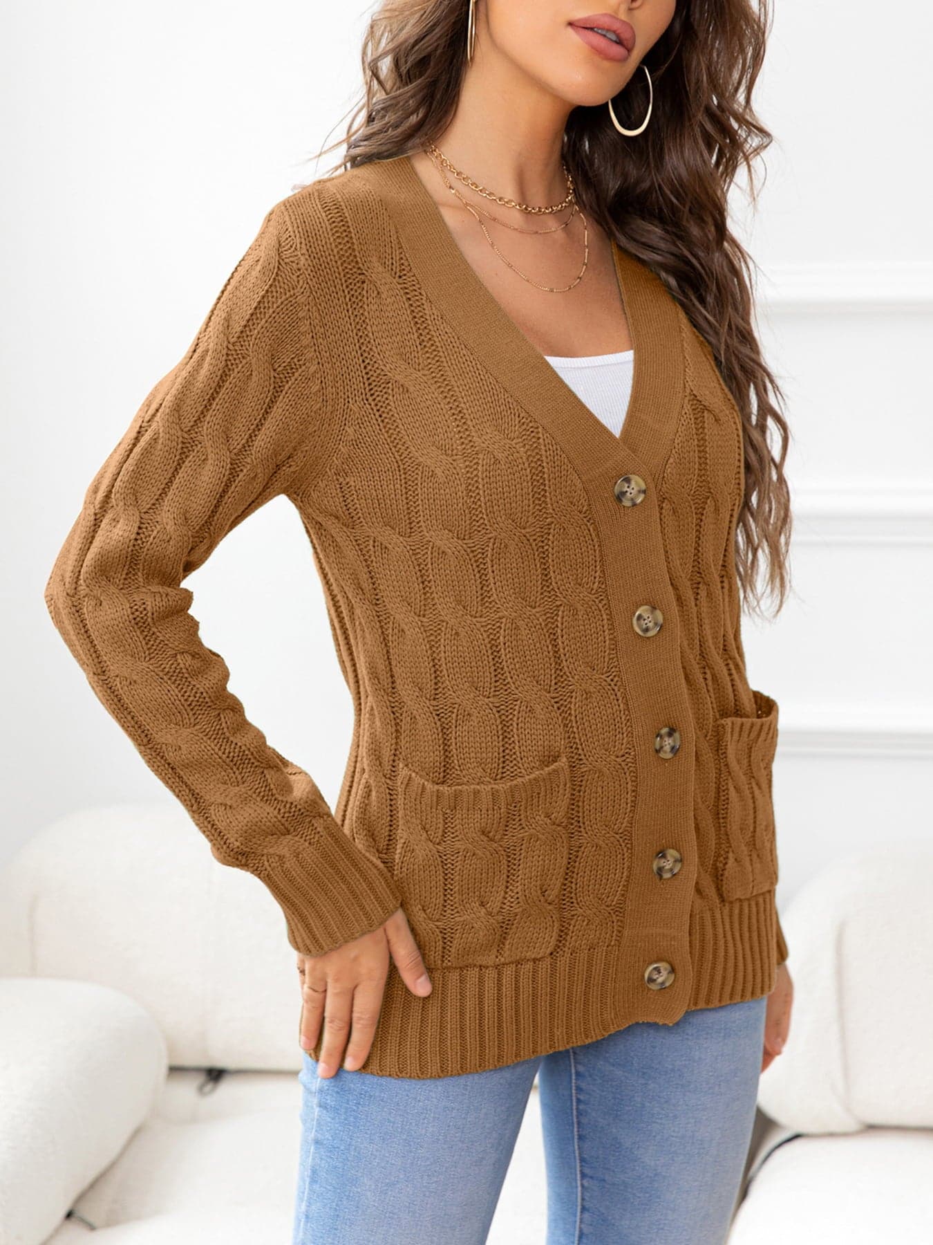 Button Down Cable-Knit Cardigan.