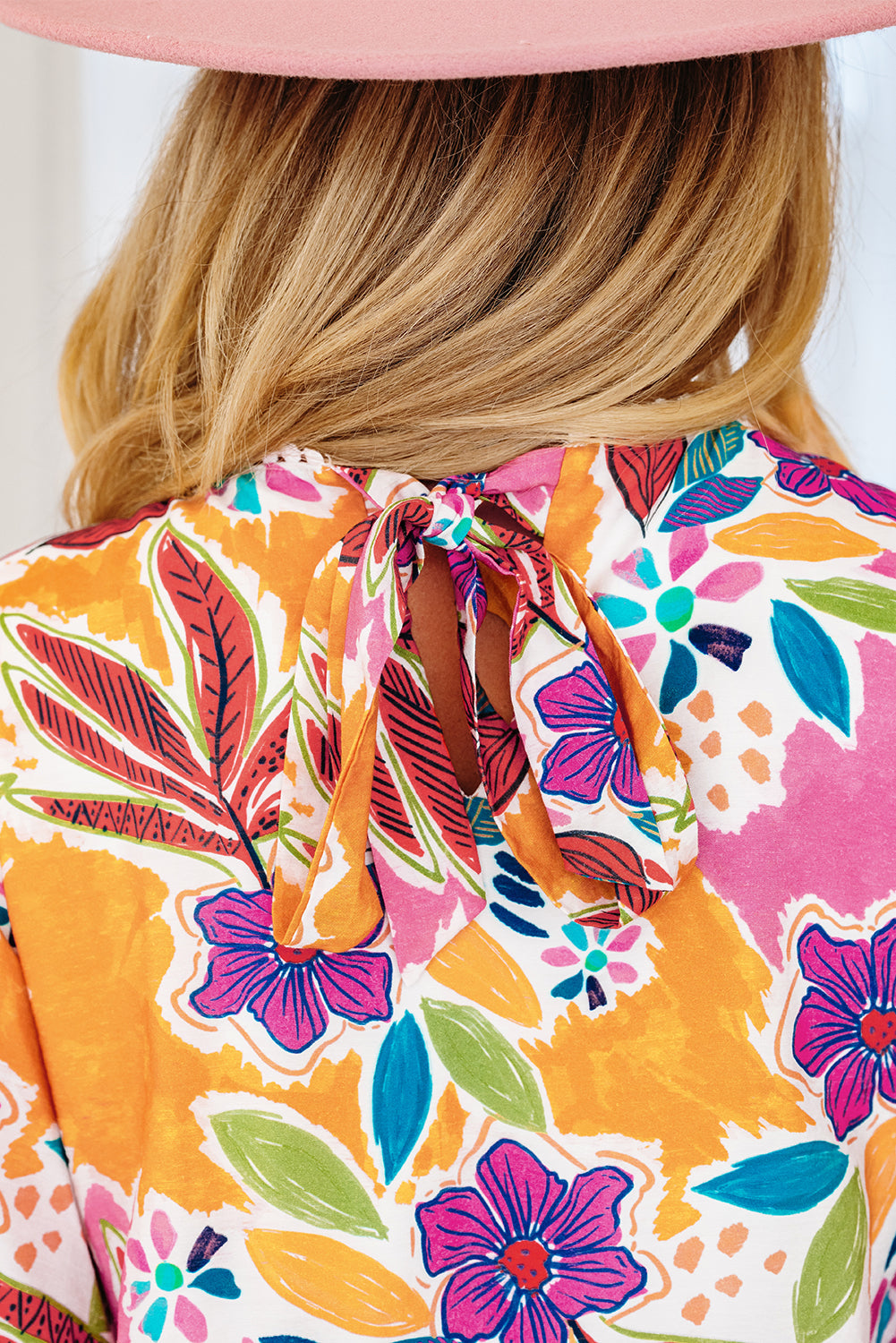 Premium Pink Floral Print Lace Trimmed Tie Back Bell Sleeve Dress Dear-Lover Dropshipping