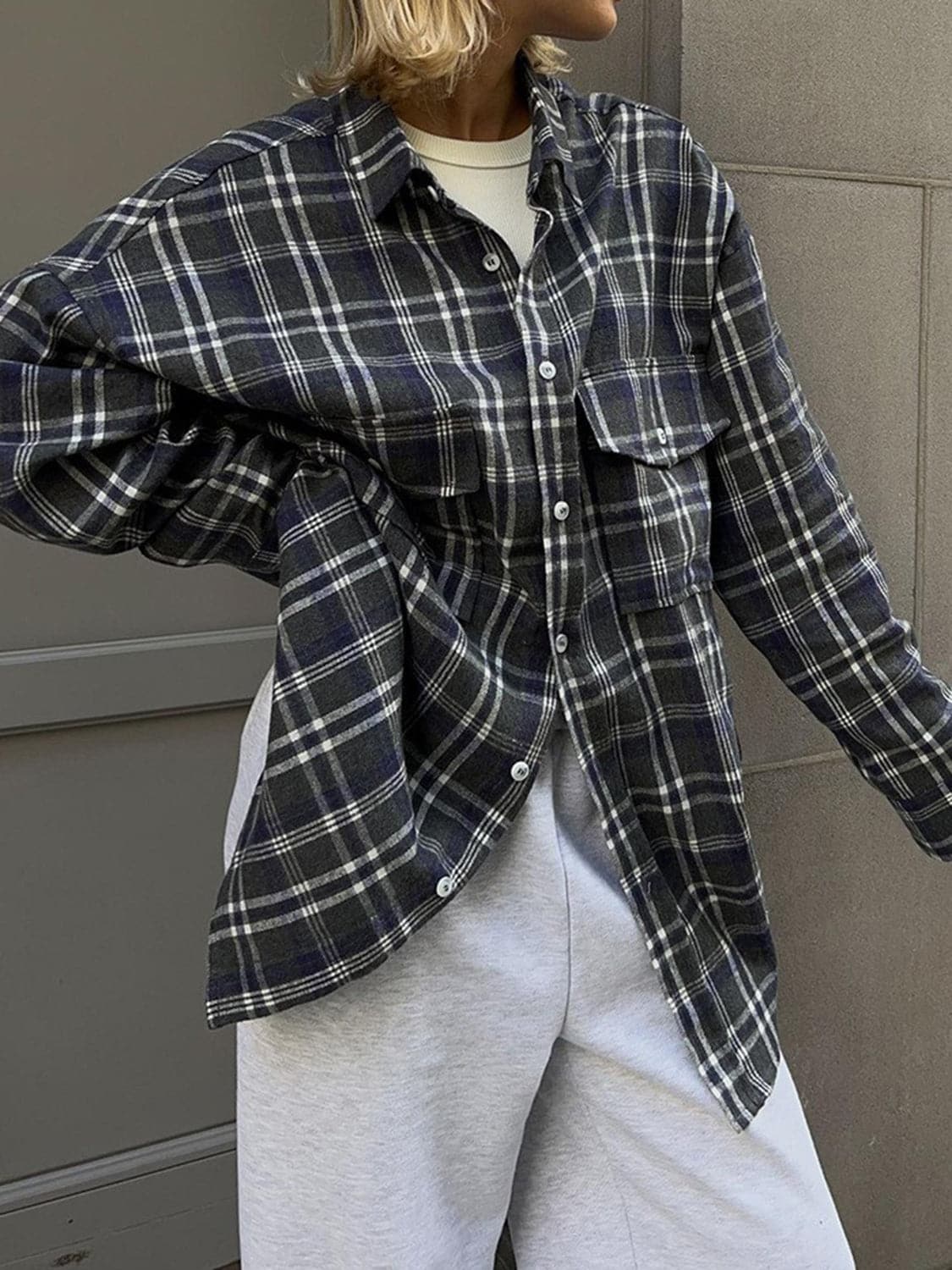 Pocketed Plaid Button Up Shacket.