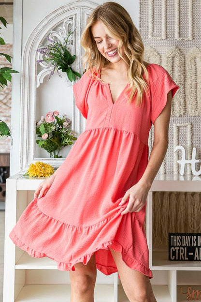 Reborn J Ruffled Notched Cap Sleeve DressExperience Elegance with the Reborn J Ruffled Notched Cap Sleeve Dress
 Step into any special occasion radiating grace and charm with this beautifully designed dressLove Salve Ruffled Notched Cap Sleeve Dressusa