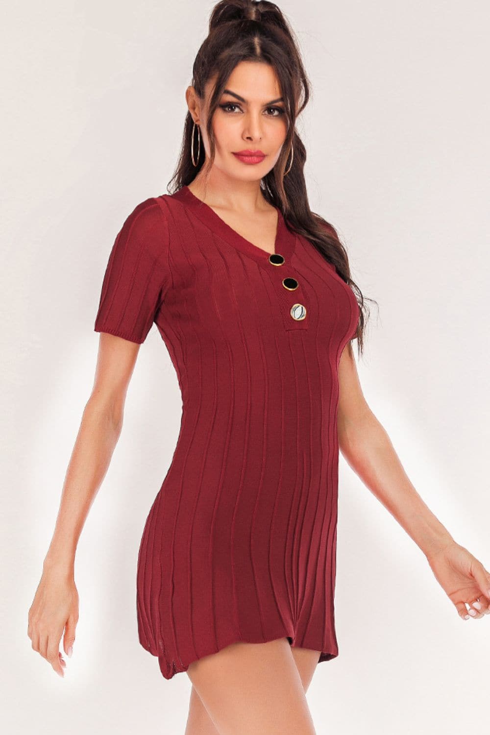 Buttoned Short Sleeve V-Neck Knit Dress.